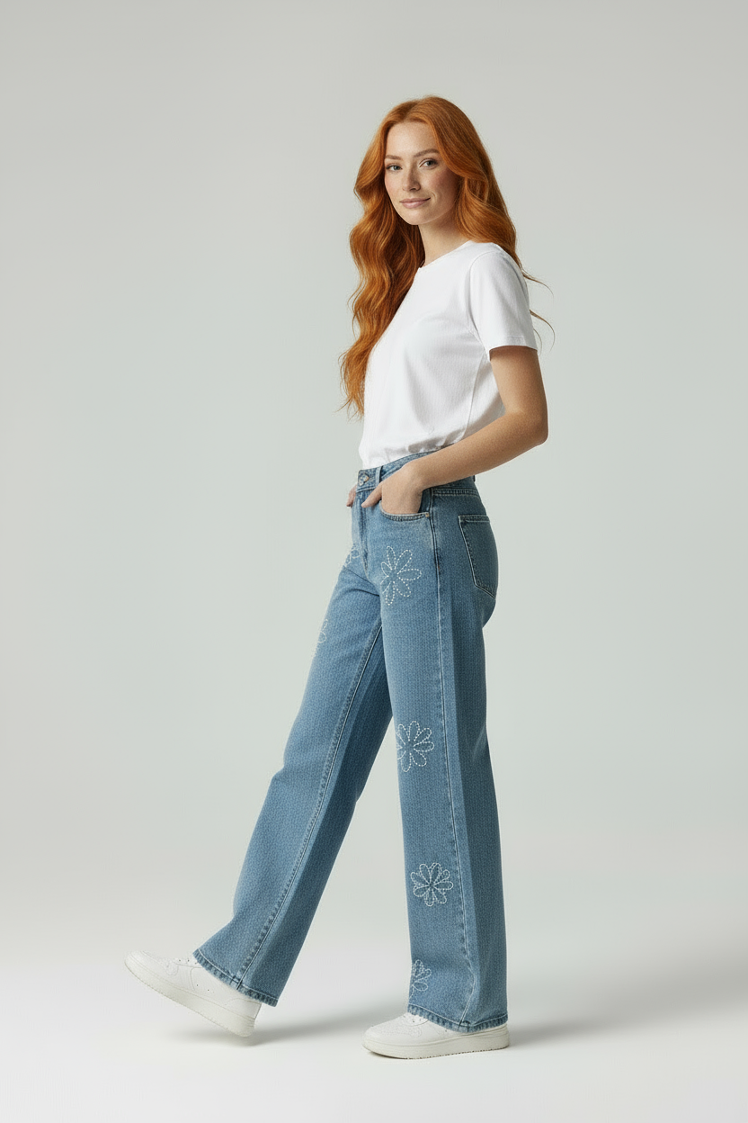 Sanne | Trendy Glitter Jeans Dames Bloemendetail