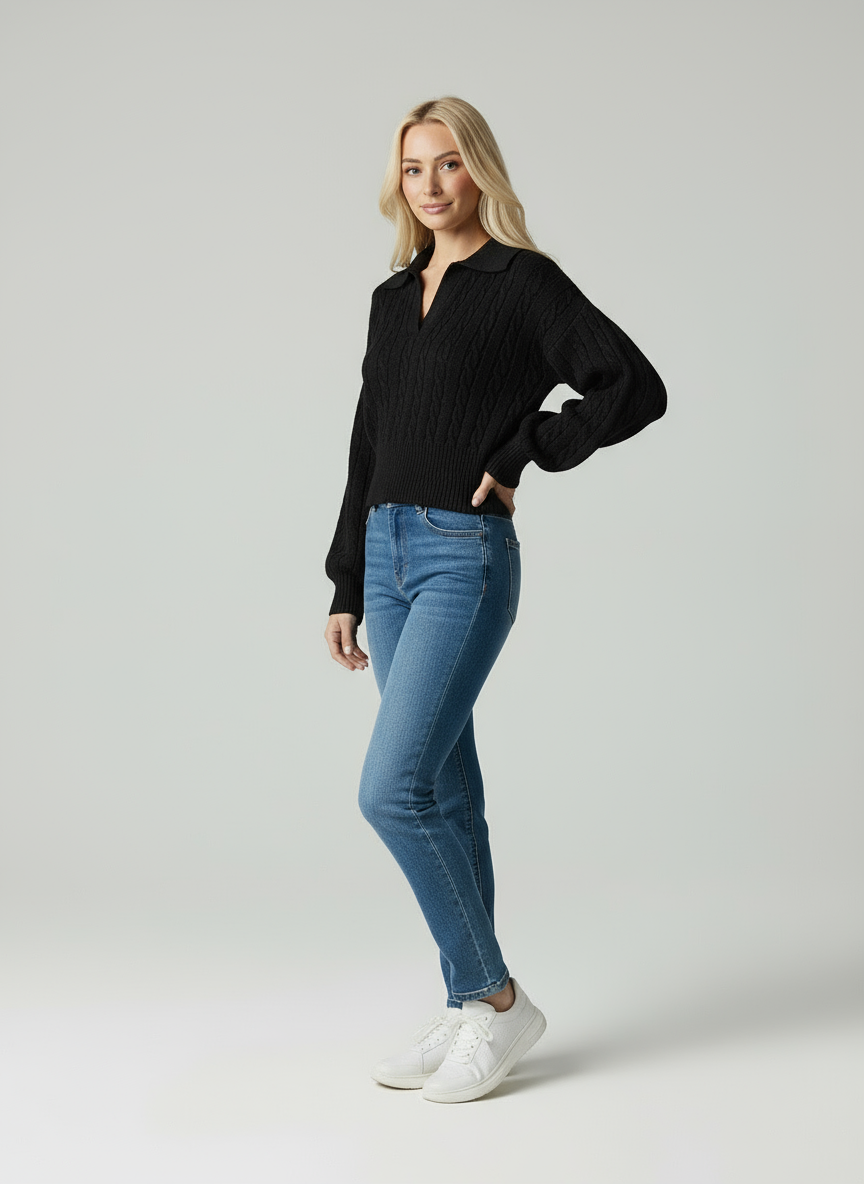 Elin | Gebreide Trui met Kraag en V-Hals