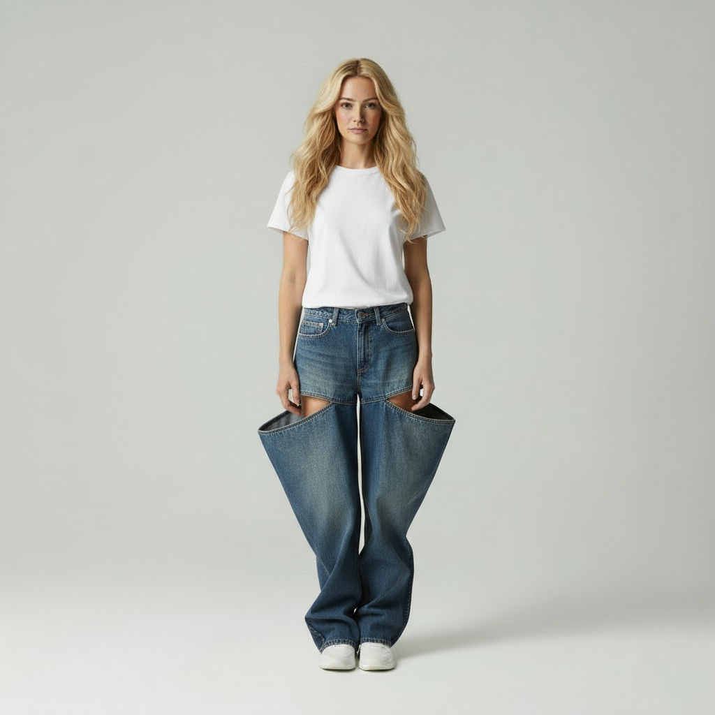 Zoë | Cut-Out Denim Broek met Wijde Pijpen
