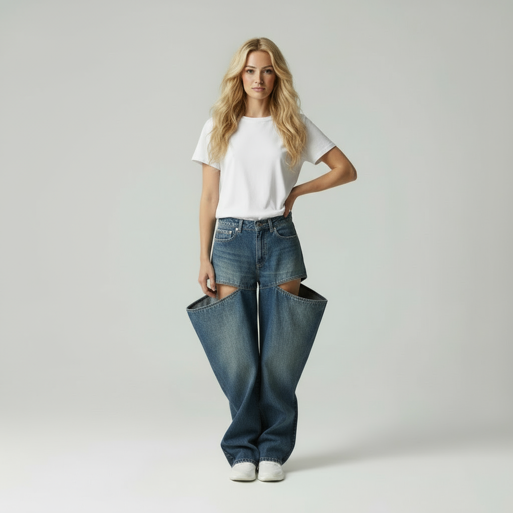 Zoë | Cut-Out Denim Broek met Wijde Pijpen