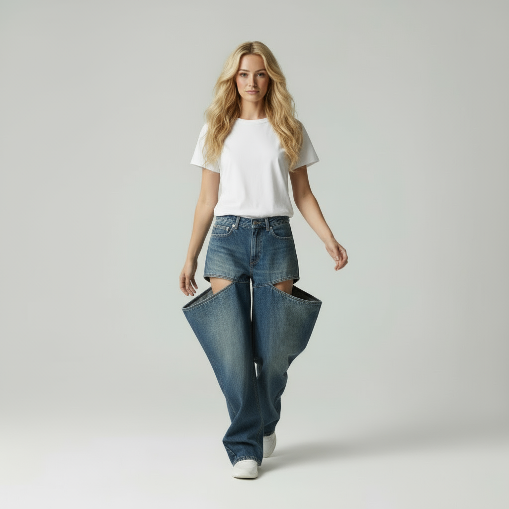 Zoë | Cut-Out Denim Broek met Wijde Pijpen