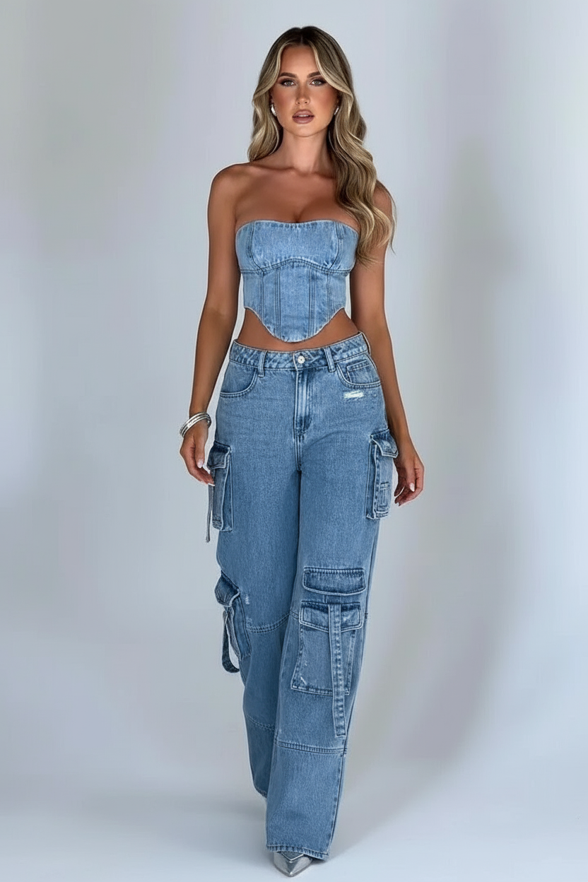 Nore | Denim Cargo Set met Corset Top