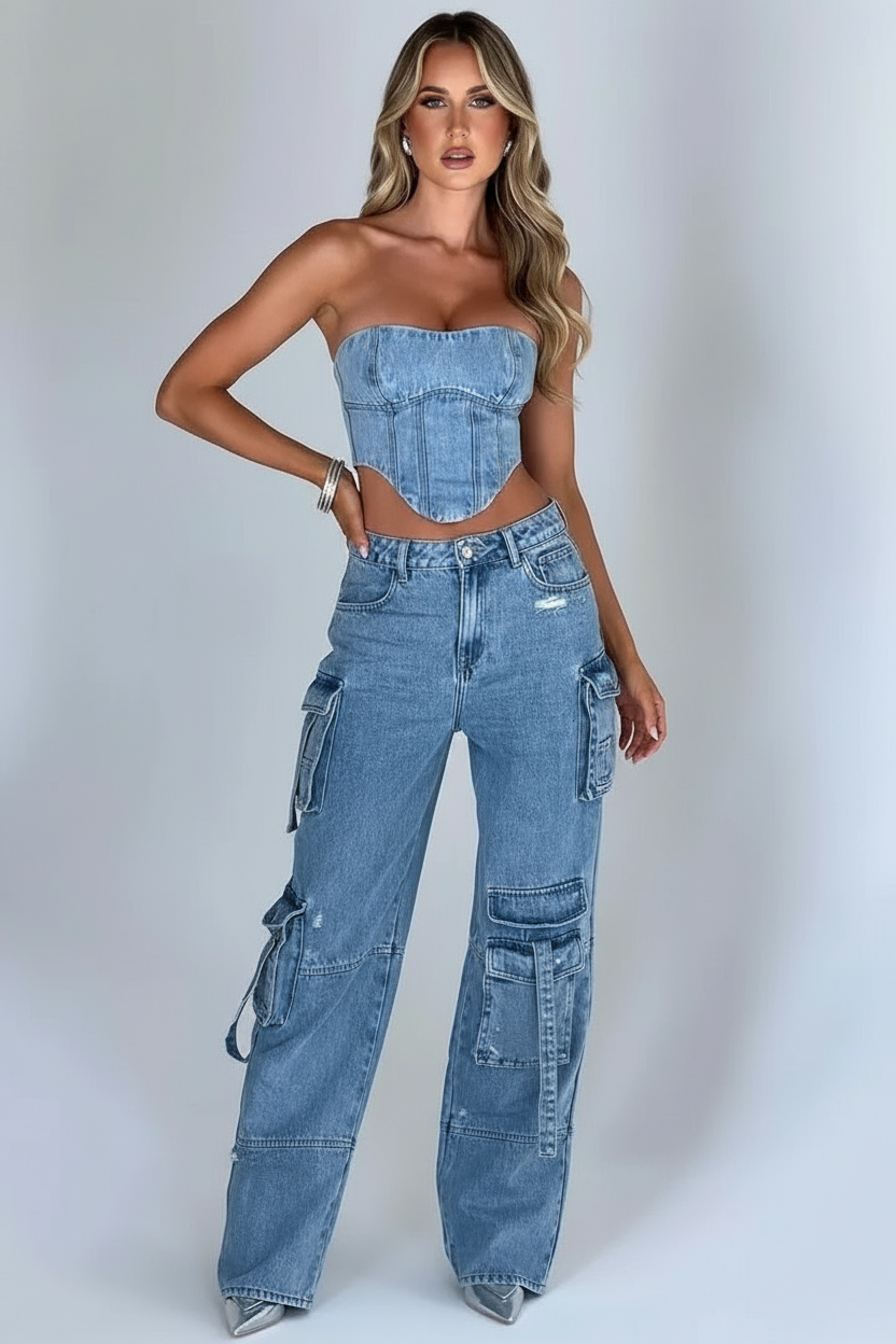Nore | Denim Cargo Set met Corset Top
