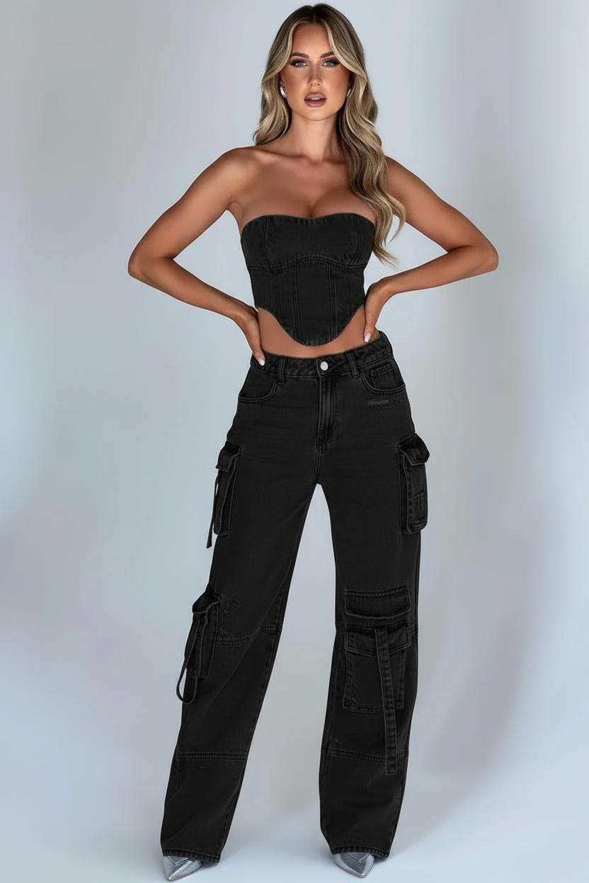 Nore | Denim Cargo Set met Corset Top