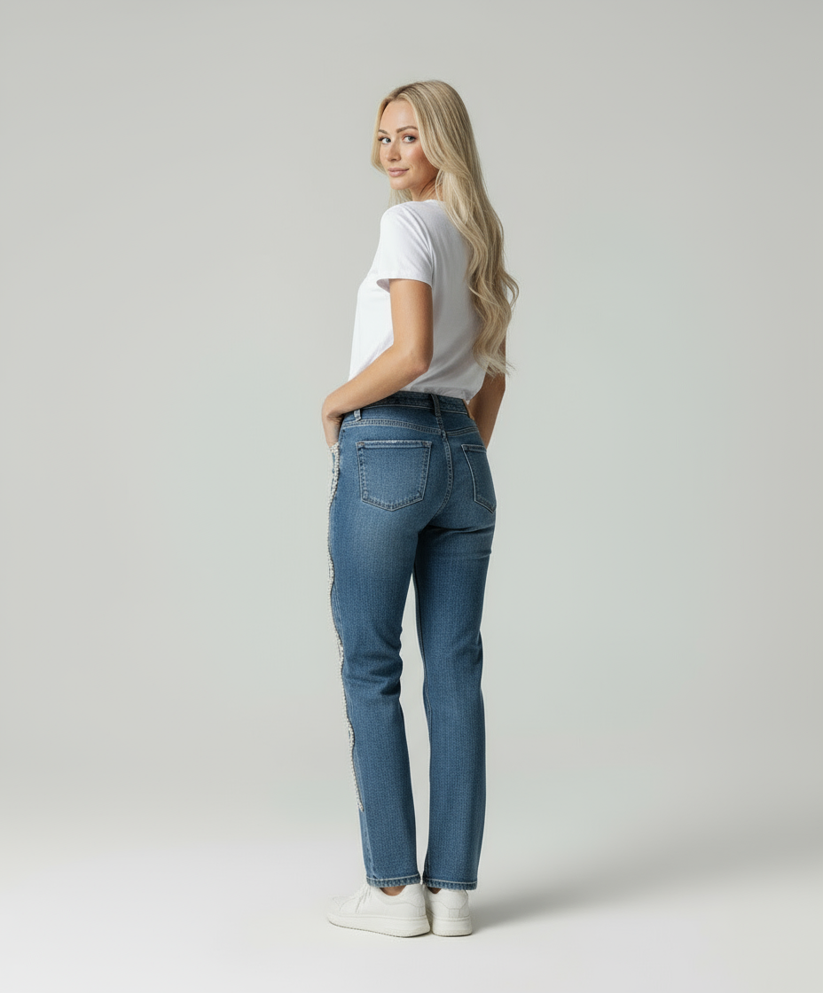 Mira | Straight Fit Denim Jeans met Pareldetail
