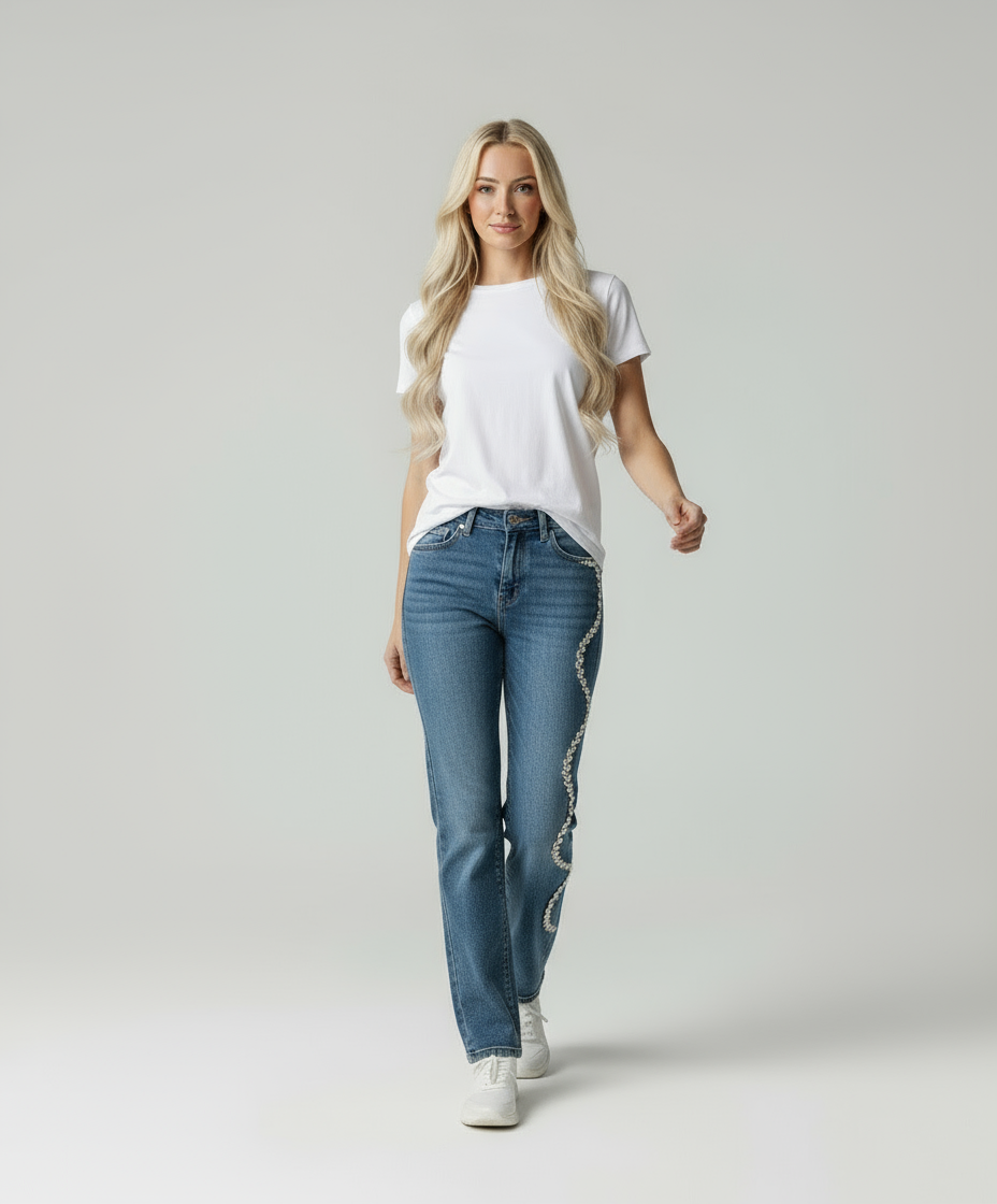 Mira | Straight Fit Denim Jeans met Pareldetail