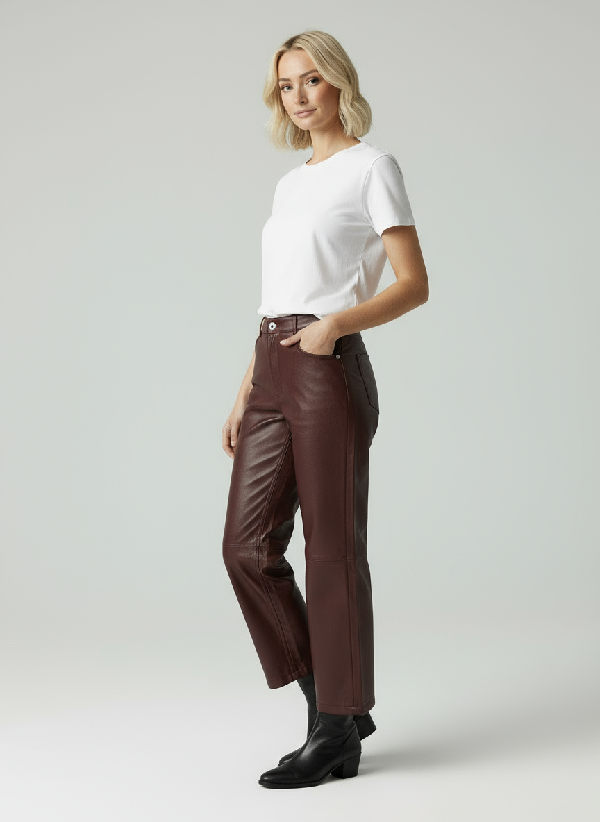 Isabeau | High Waist Straight Fit Vegan Leren Broek
