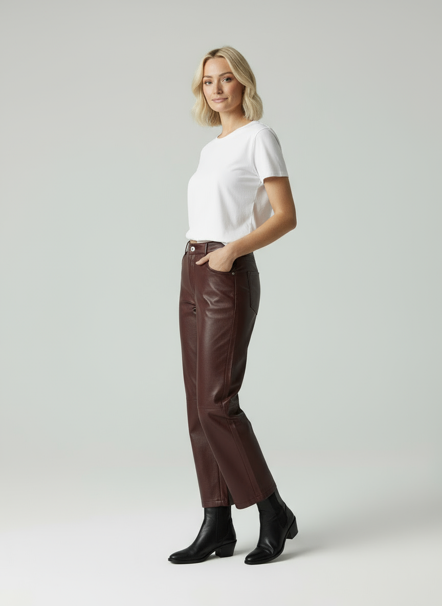 Isabeau | High Waist Straight Fit Vegan Leren Broek