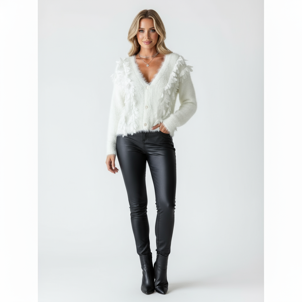 Noor | Witte Gebreide Vest met V-Hals en Franje Details