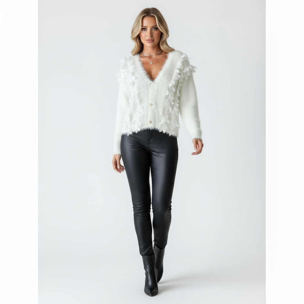 Noor | Witte Gebreide Vest met V-Hals en Franje Details