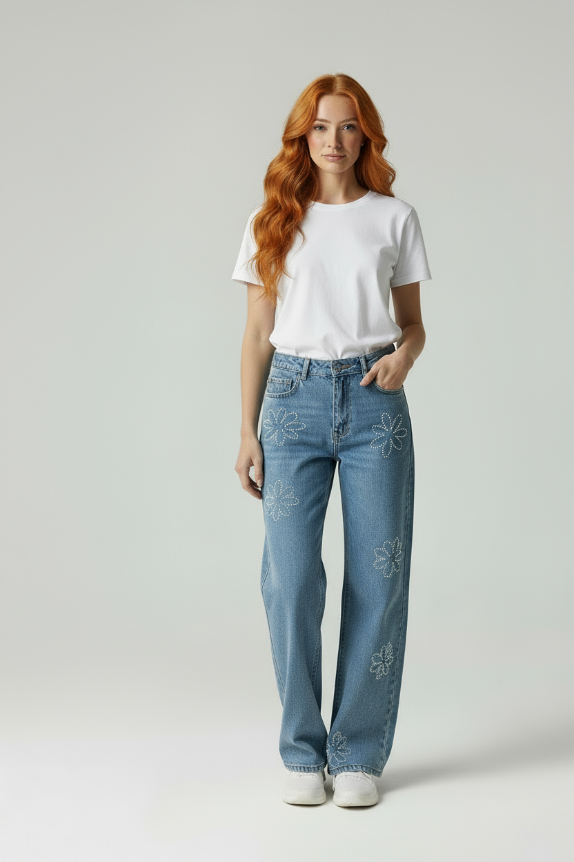 Sanne | Trendy Glitter Jeans Dames Bloemendetail