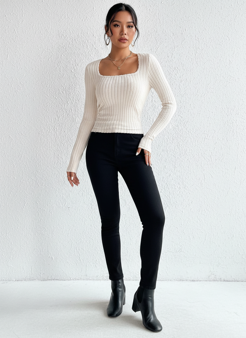 Juna | Strakke Rib Top met Lange Mouwen