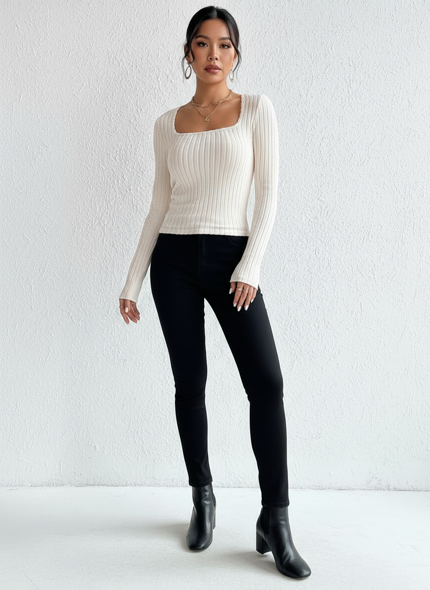 Juna | Strakke Rib Top met Lange Mouwen