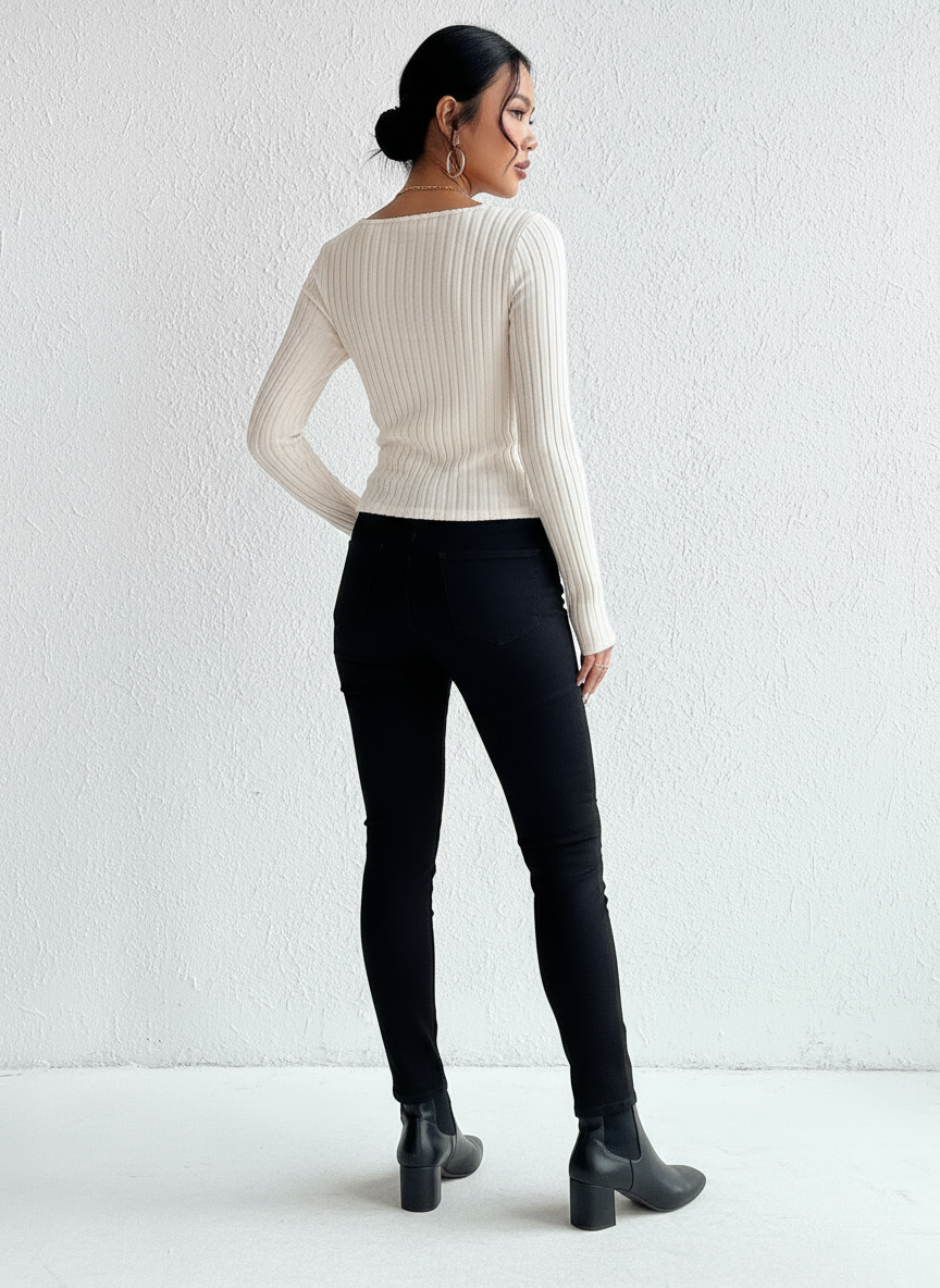 Juna | Strakke Rib Top met Lange Mouwen