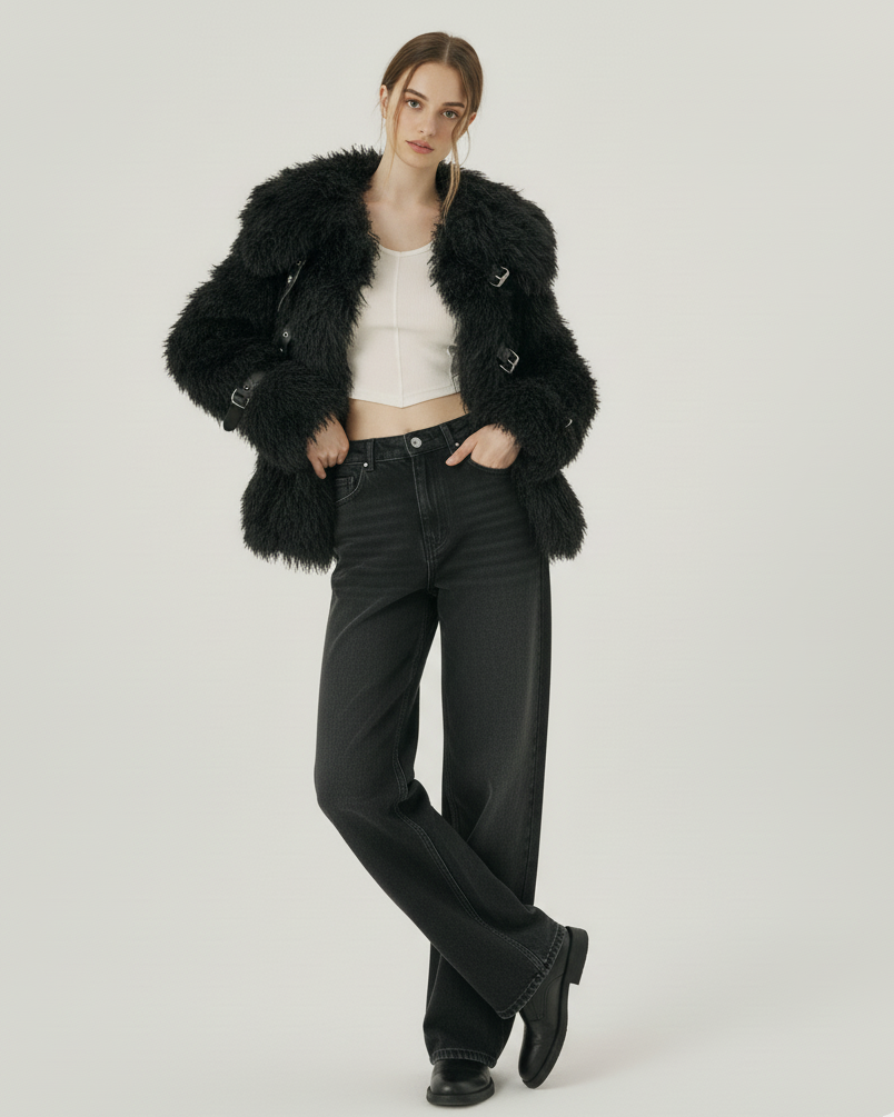 Ella | Korte Zwarte Faux Fur Jas met Gespsluiting